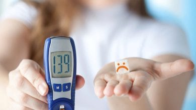 Female diabetic doing a glucose level finger blood test